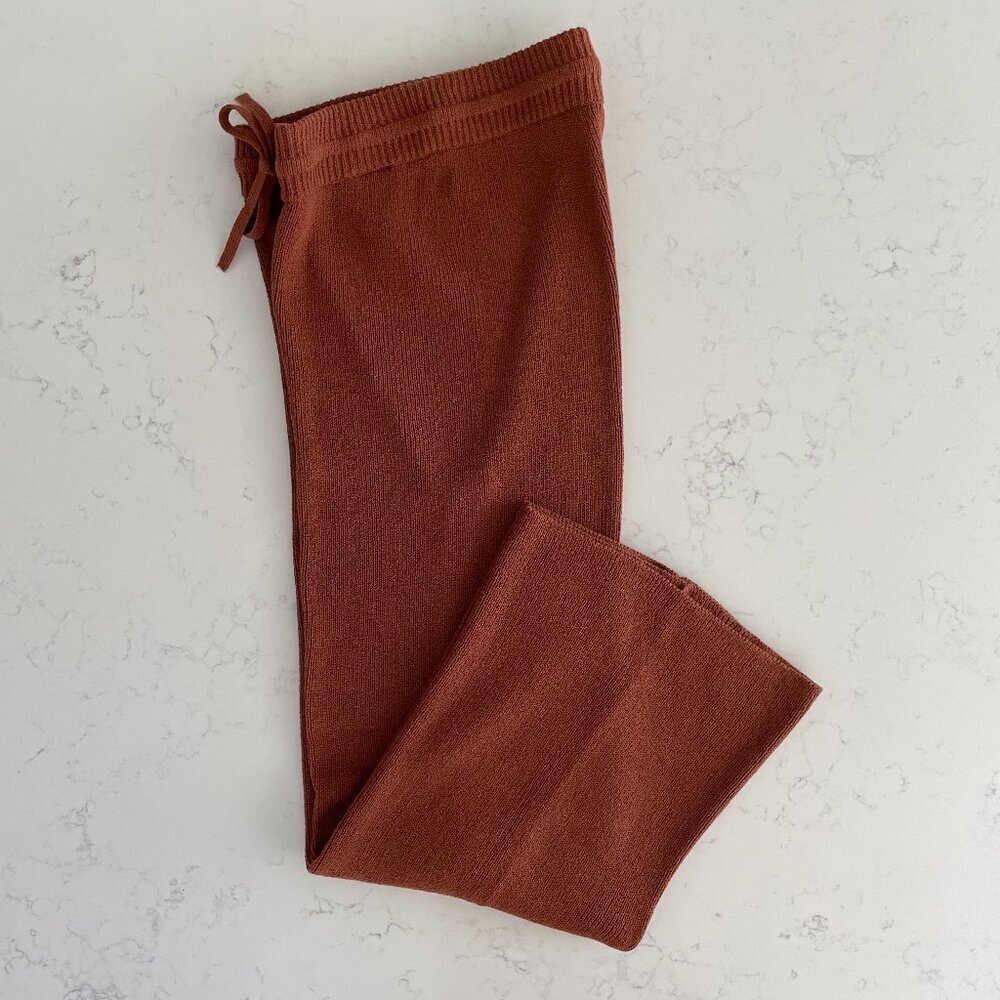 Theory Boucle Knit Cotton Poly Blend Hi Waist Wide Leg Pant Rust Caramel S NWOT